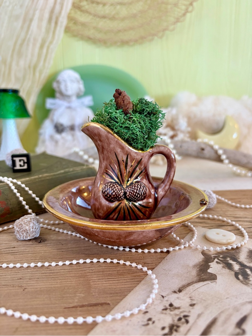 Vintage Ceramic Small Pitcher + Bowl Set 🌲 Unique Home Decor / Gift / Nature